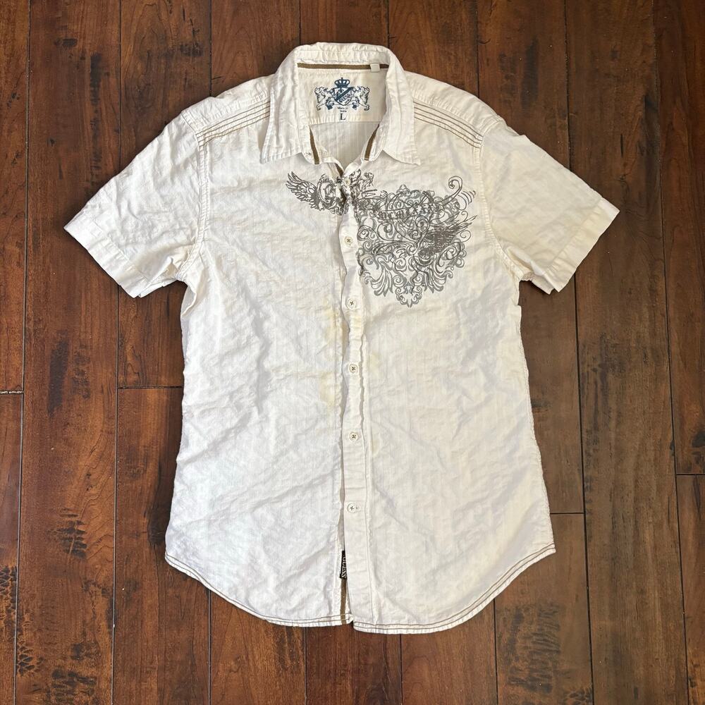 Y2K Skater Guess Button Up Shirt Mens L White Cyber 2000s Emo Graphic Collared